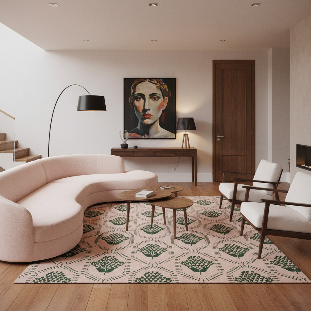 A modern living room featuring a curved blush pink sofa, a patterned beige and green rug, two mid-century modern armchairs, and a large portrait painting on the wall.