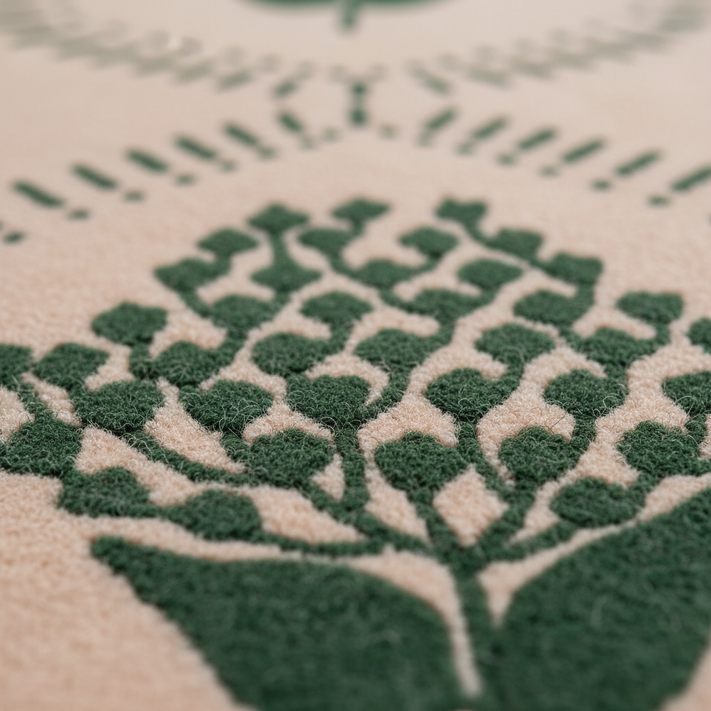 Close-up of a textured rug featuring a dark green stylized leafy botanical pattern on a warm cream background.
