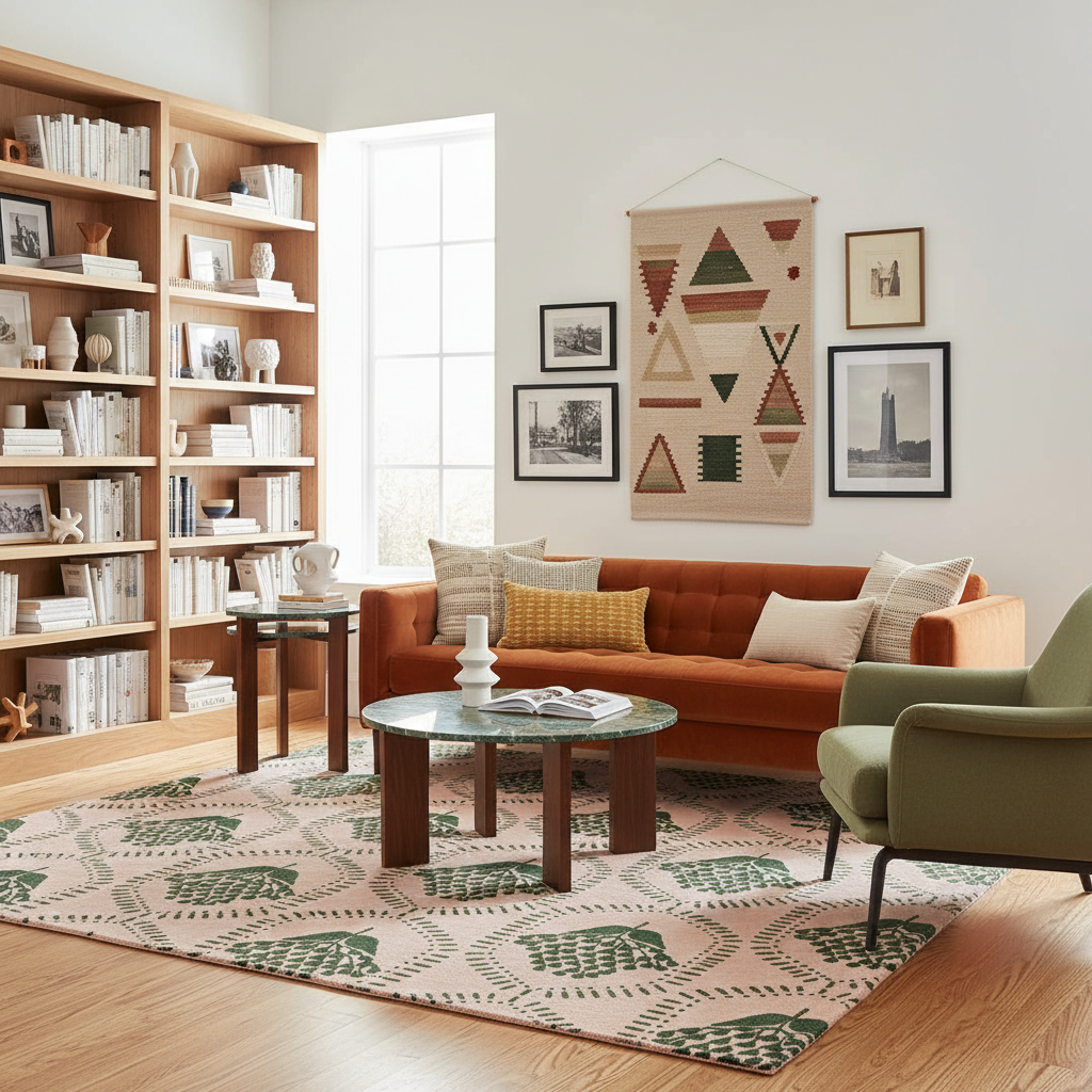 A styled living room interior with a terracotta orange sofa, green armchair, round coffee table, patterned rug, bookshelves, and framed wall art. No person or animal is present, but this is still not a clean isolated product shot; it shows the furniture in a real room setting, so subject_type is Lifestyle.