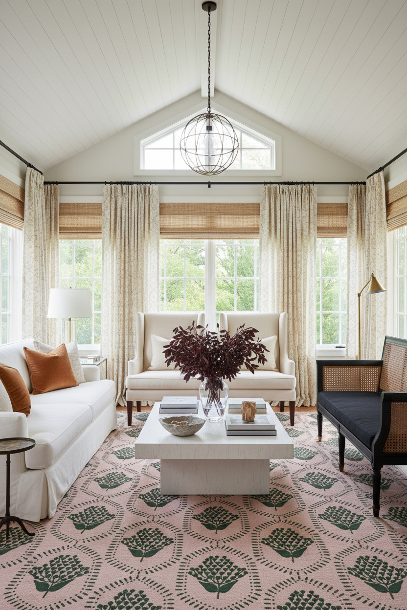 Living room with white sofa, pink and green floral rug, coffee table, and decorative elements.