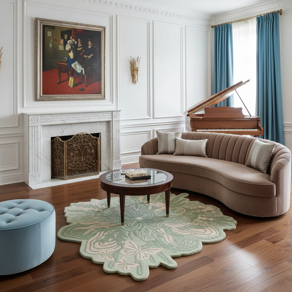 Living room with a curved sofa, round coffee table, green floral contemporary rug, and grand piano.
