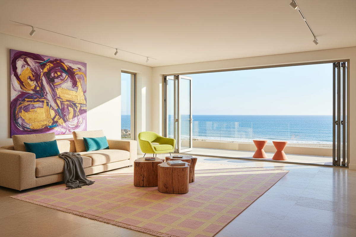Modern living room with ocean view, colorful rug, and furniture.