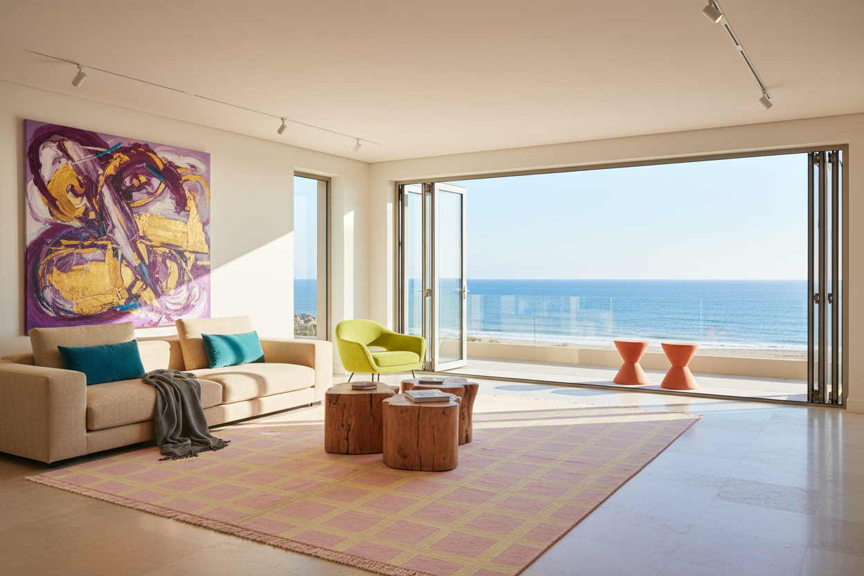 Modern living room with ocean view, colorful rug, and furniture.
