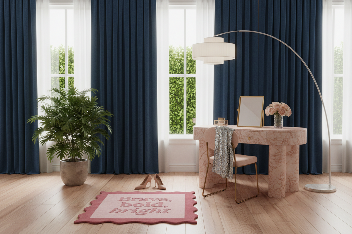 Modern home office with blue curtains, scallop pink rug, desk, chair, and decor items.