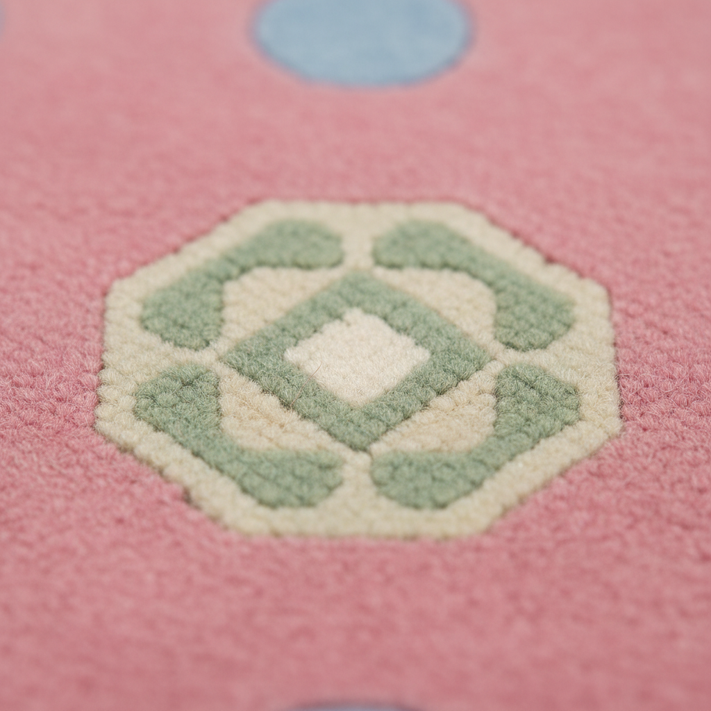 Close-up of a pink textured rug with a raised geometric medallion motif in pale green and cream, plus a soft blue circular detail near the top edge.