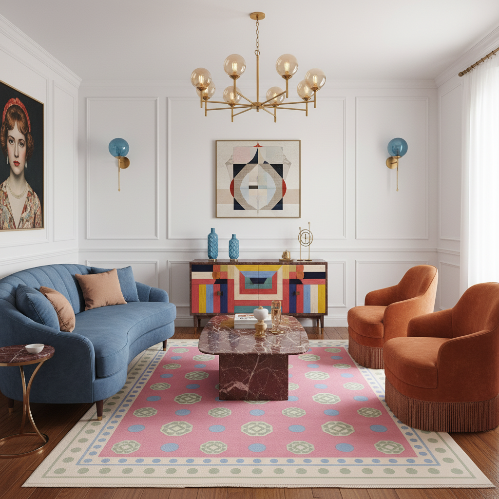 A styled living room interior featuring a pink patterned area rug under a marble-top coffee table, with a blue sofa, two orange armchairs, a gold chandelier, wall sconces, and framed art on white paneled walls.