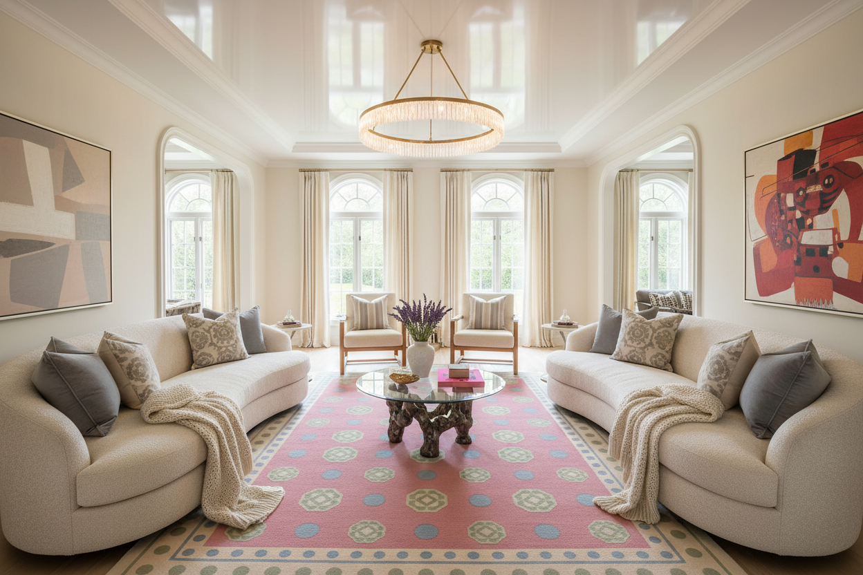 Living room with beige sofas, a pink rug, and decorative elements.