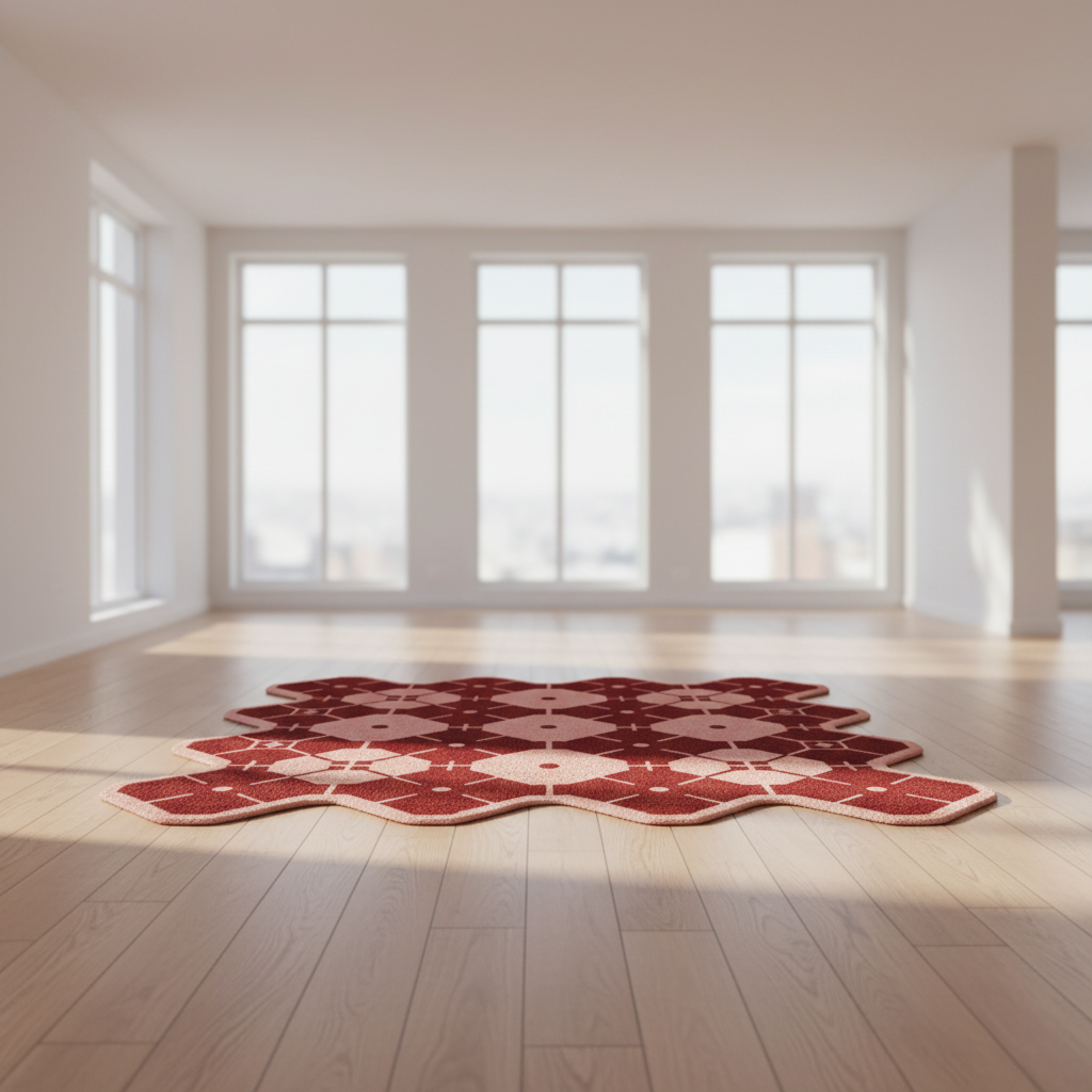 Red and white patterned rug on a wooden floor with large windows in the background