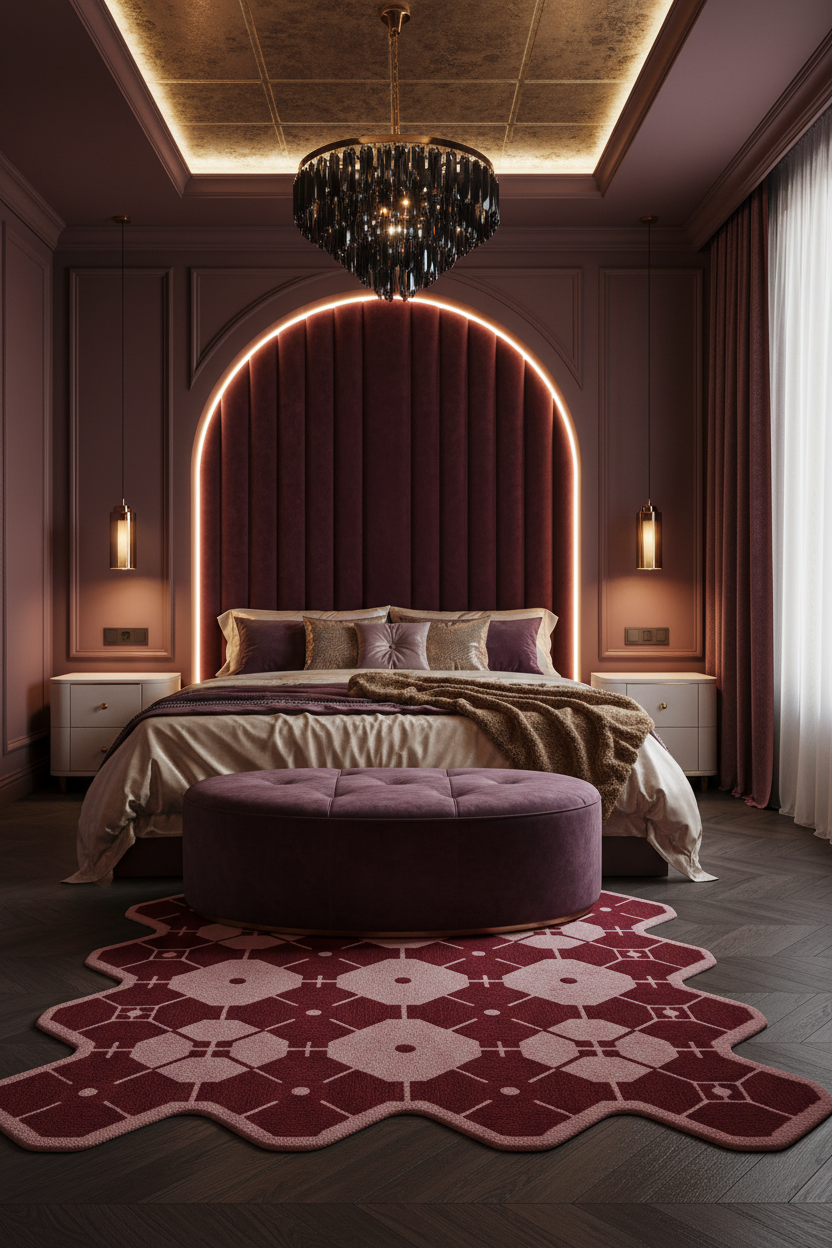 Luxurious bedroom with a purple headboard and ottoman, featuring a chandelier and patterned rug.