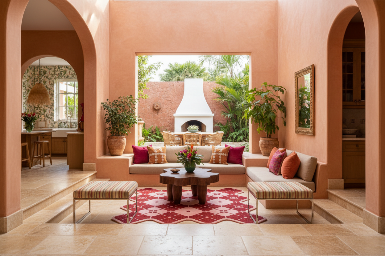 Living room with pink walls, a fireplace, red rug, and decorative elements.