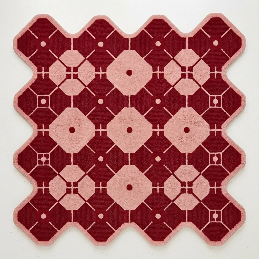 A square textile rug or mat with a geometric pattern in deep burgundy red and light pink, shown flat against a plain off-white background.
