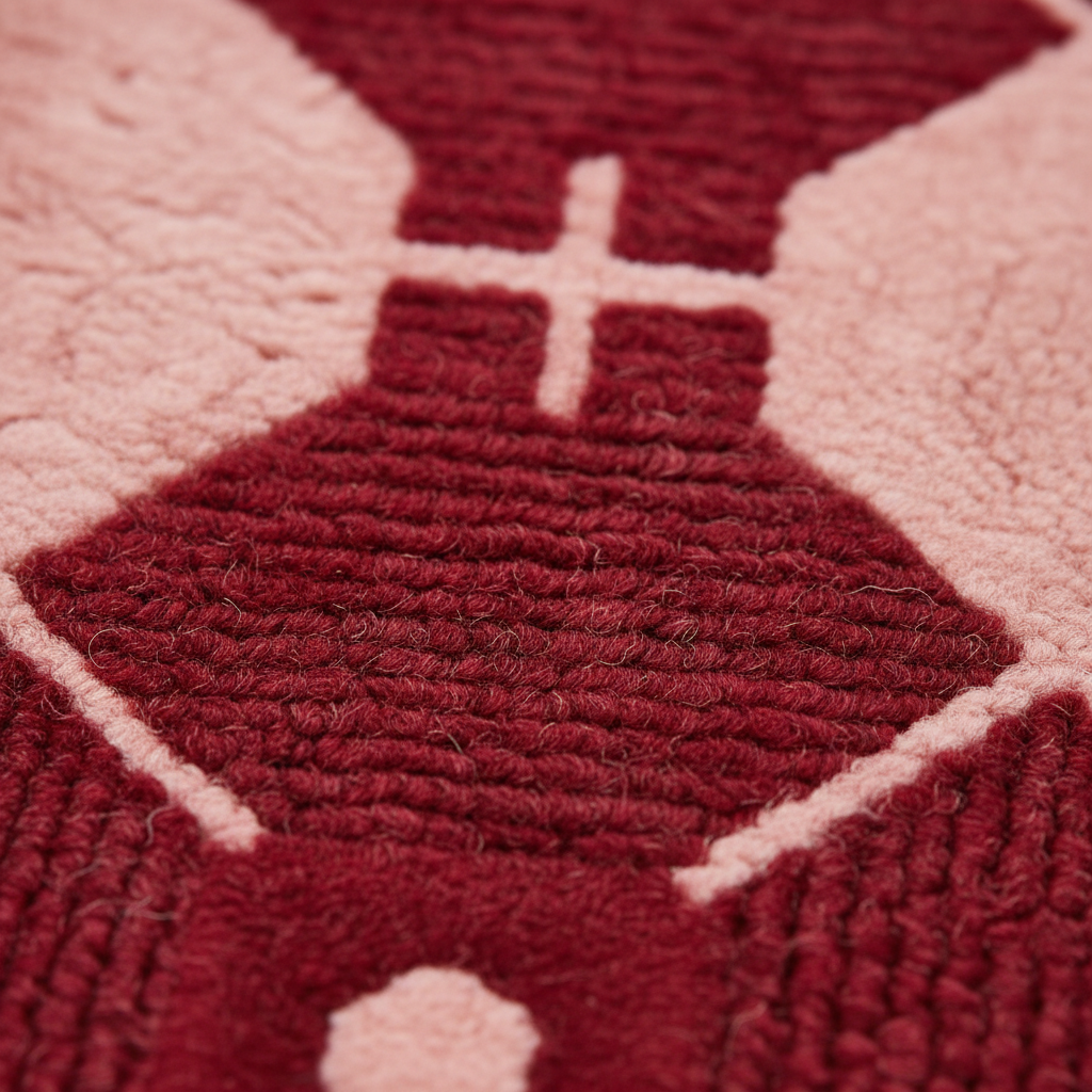 Close-up of a textured woven rug or textile in deep burgundy red and pale blush pink, showing a geometric pattern with a central cross motif.
