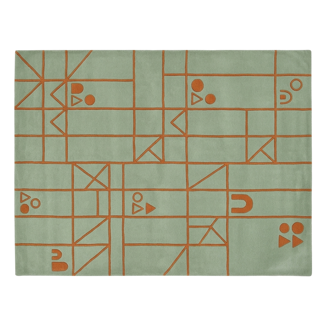 A rectangular area rug with a sage green background and a terracotta orange geometric line pattern, shown flat against a white background.