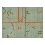 A rectangular area rug with a sage green background and a terracotta orange geometric line pattern, shown flat against a white background.