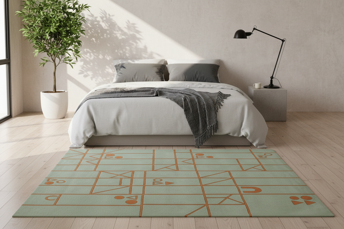 Modern bedroom with a geometric patterned green and orange rug, bed, and lamp.