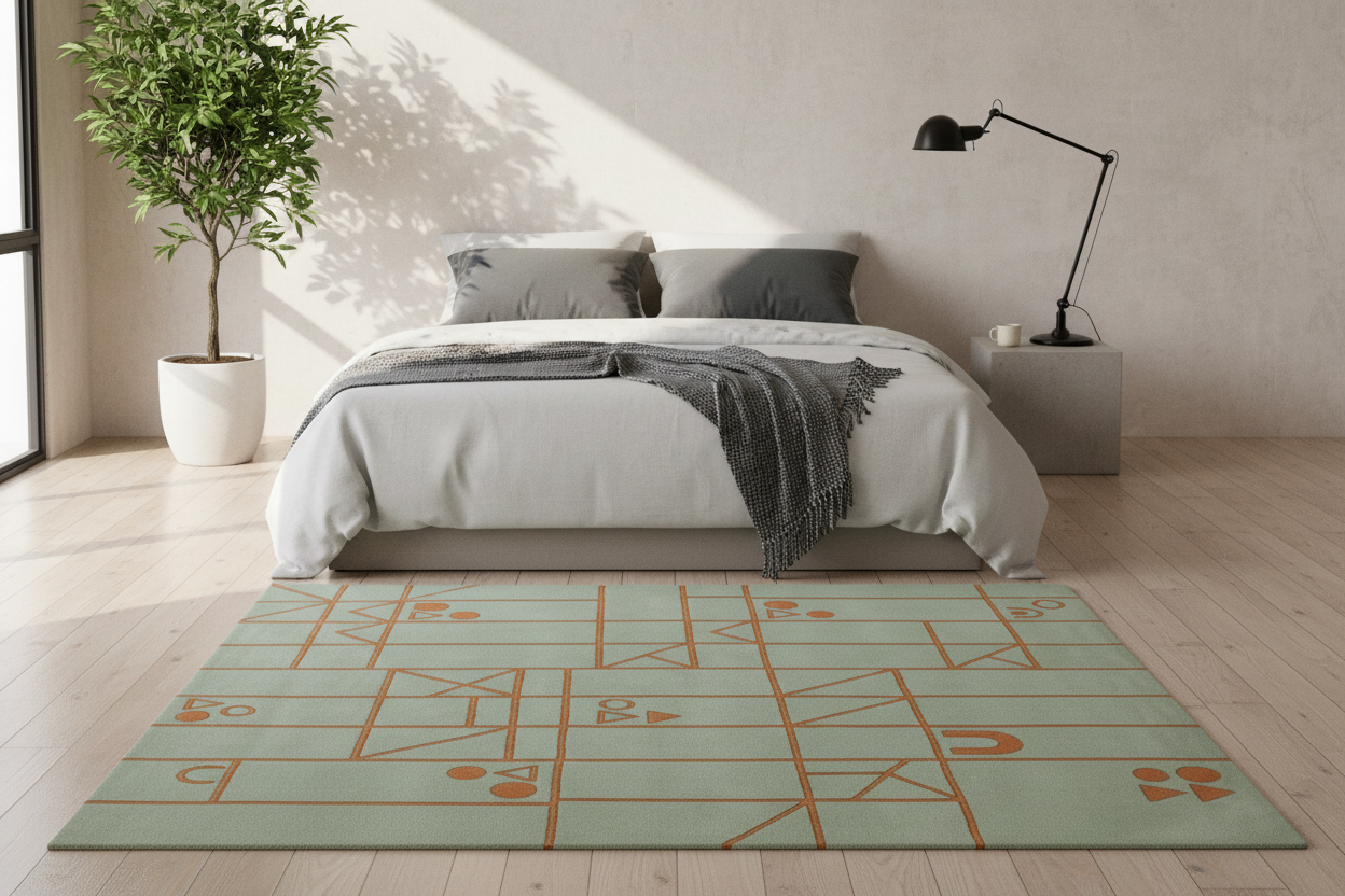 Modern bedroom with a geometric patterned green and orange rug, bed, and lamp.