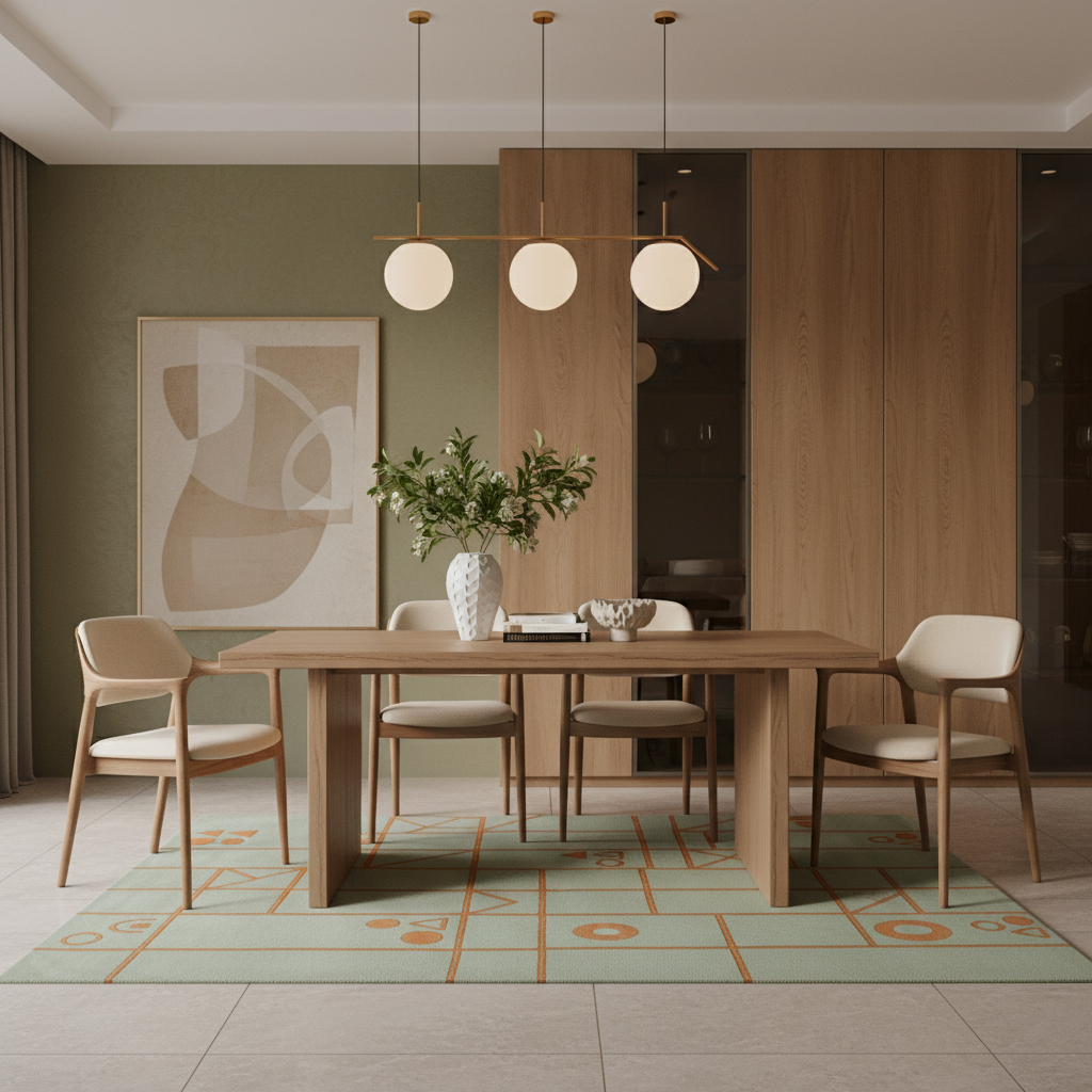 A modern dining room setup featuring a rectangular wooden dining table surrounded by four light wood armchairs with cream cushions, set on a patterned mint green and beige rug. Above, a three-light linear pendant lamp hangs over the table.