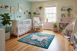 Nursery room with crib, rocking chair, and decorative butterfly rug.