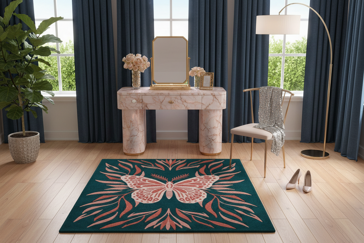 Decorative rug with butterfly design in a stylish room with furniture and plants.