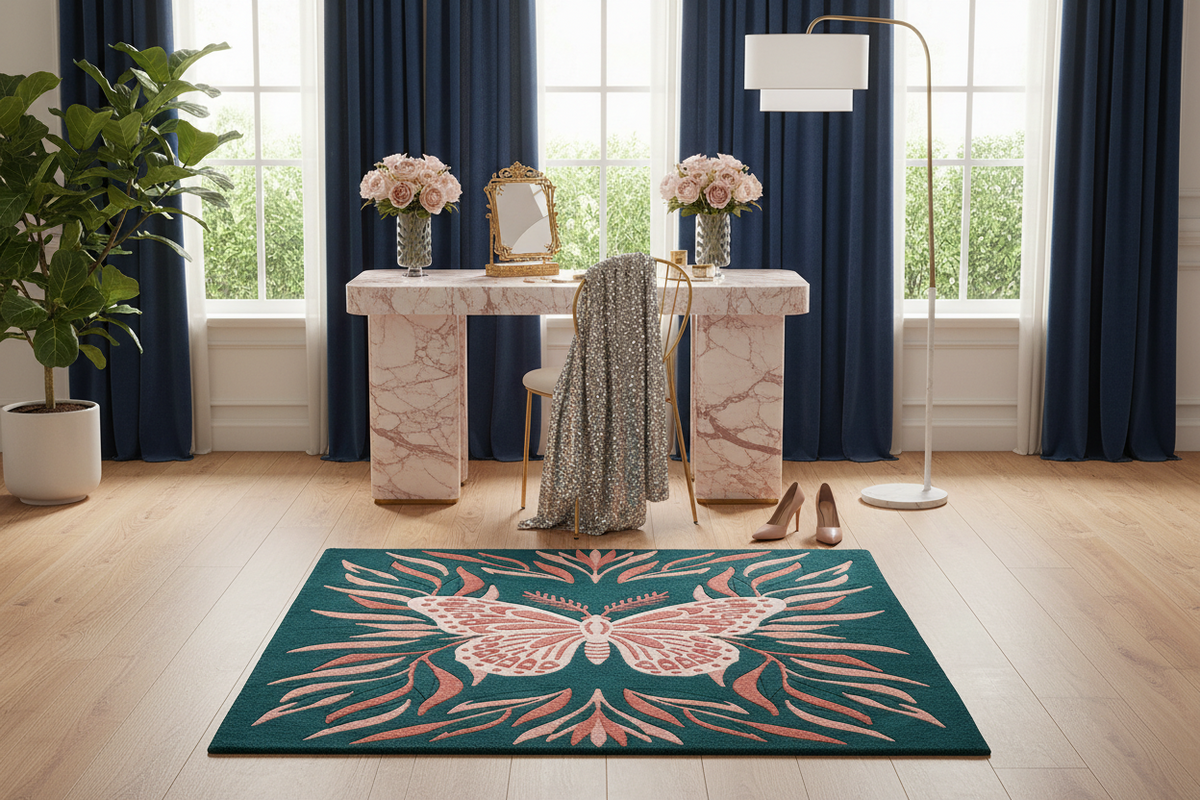 Living room with a decorative butterfly rug featuring a butterfly design, marble table, and blue curtains.