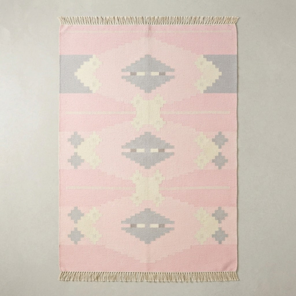 Candy Cloud Diamond Flatweave Cotton Dhurrie Rug - studio photo