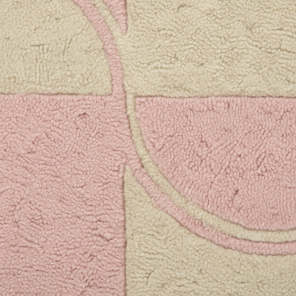 A close-up of a textured, looped pile rug featuring a geometric pattern in soft pink and cream.