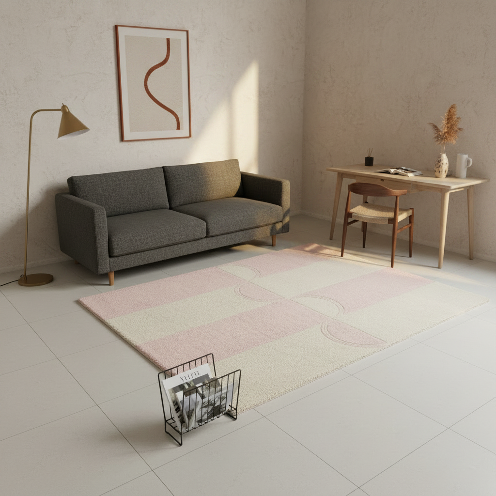A modern living room scene featuring a large rectangular area rug with a wavy, organic pattern in soft pink and cream. The rug is styled on a light gray tiled floor next to a gray fabric sofa, a gold floor lamp, and a wooden desk setup in the background.