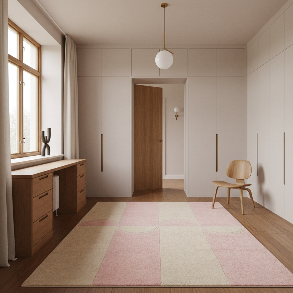 A modern interior room with a pink and beige patterned area rug on a wood floor, a light wood chair, a wooden desk by a window, and built-in cream cabinets in the background.