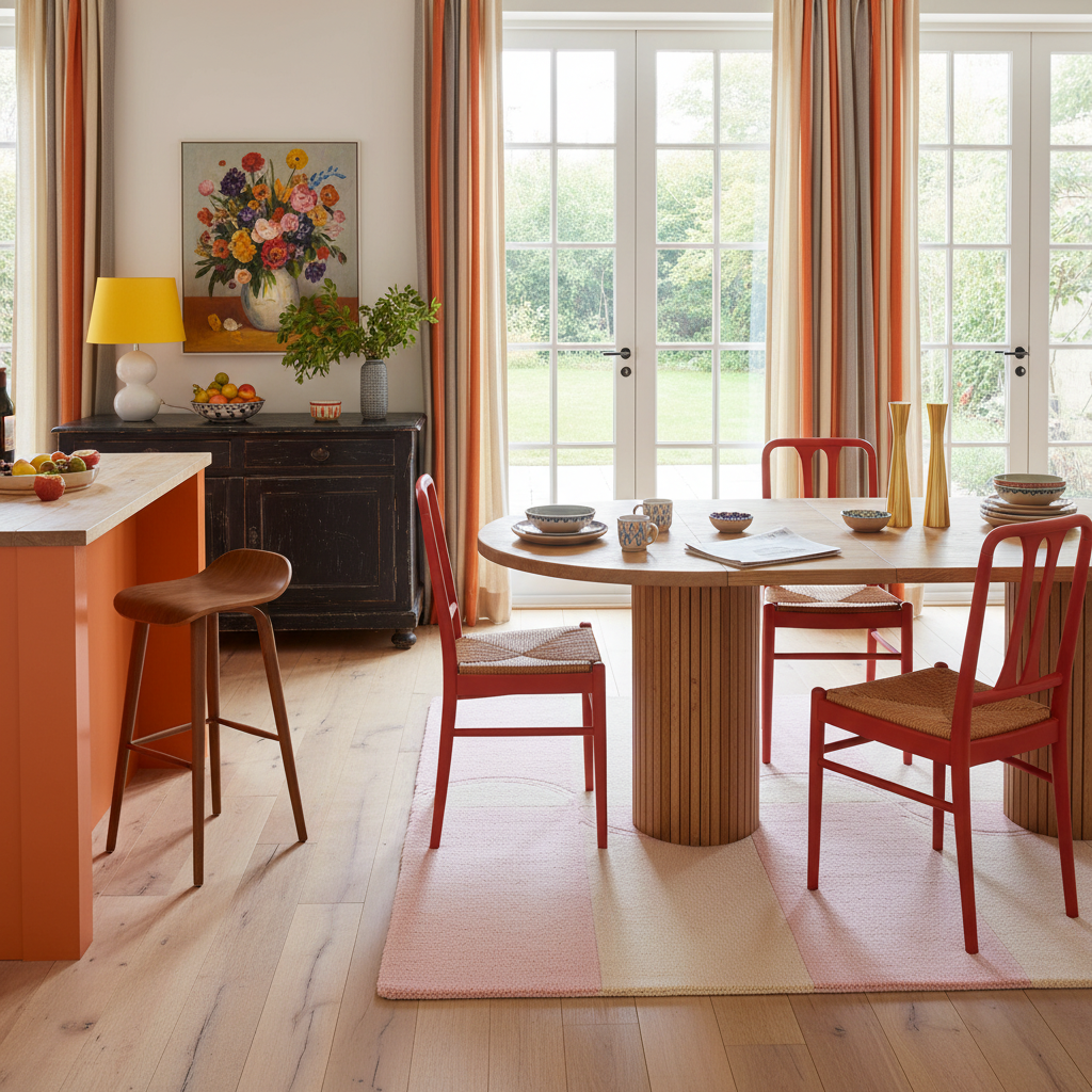 Dining room with a round wooden table and red chairs, featuring a large window and colorful geometric pink rug