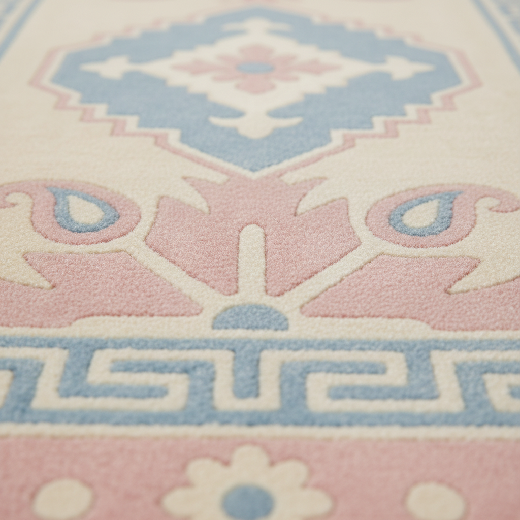 Close-up of a patterned rug with a cream base and raised motifs in soft pink and light blue, including a central medallion, floral details, and a Greek key border.
