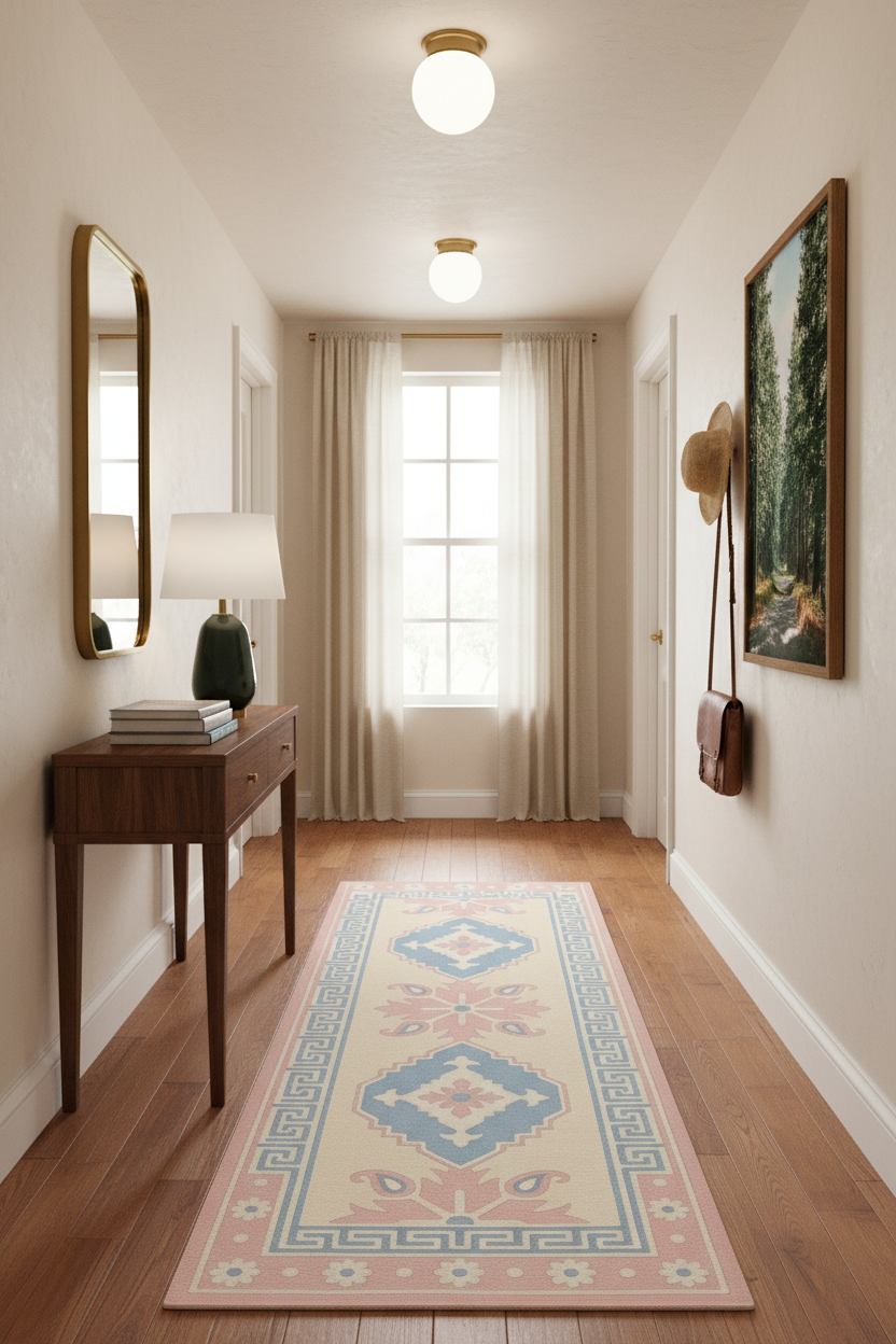 hallway with console table, mirror, wall art, and chinoiserie pink and blue runner rug