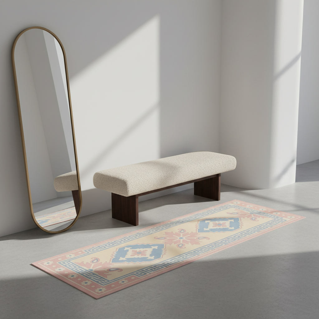 A long rectangular floor mirror with a gold frame stands beside a low upholstered bench with dark wood legs in a bright minimalist room. A patterned runner rug in blush pink, cream, and blue lies on the floor in front.