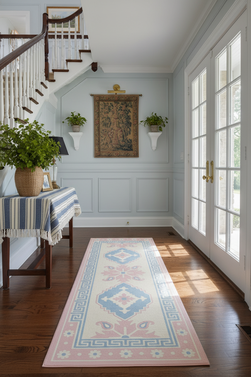 chinoiserie blue pink runner rug in a hallway
