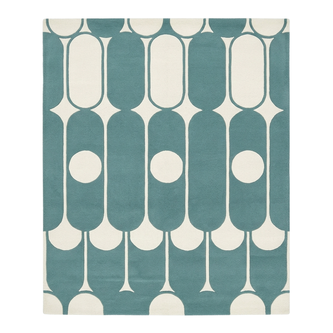 Teal and white geometric patterned rug on a plain background