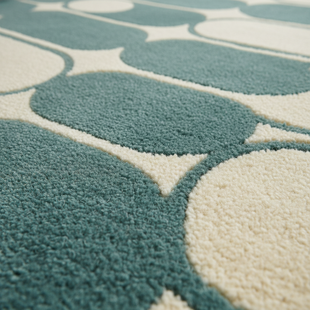 Close-up of a plush area rug with a repeating abstract organic pattern in muted teal and warm cream.