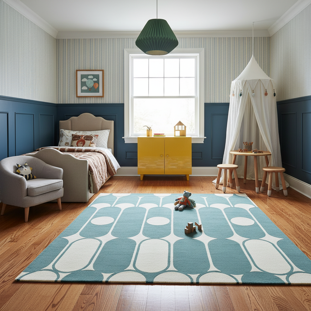 A large area rug with a mid-century modern geometric pattern in teal blue and cream is styled in a child's bedroom with blue and white paneled walls, a yellow cabinet, and a white canopy bed.