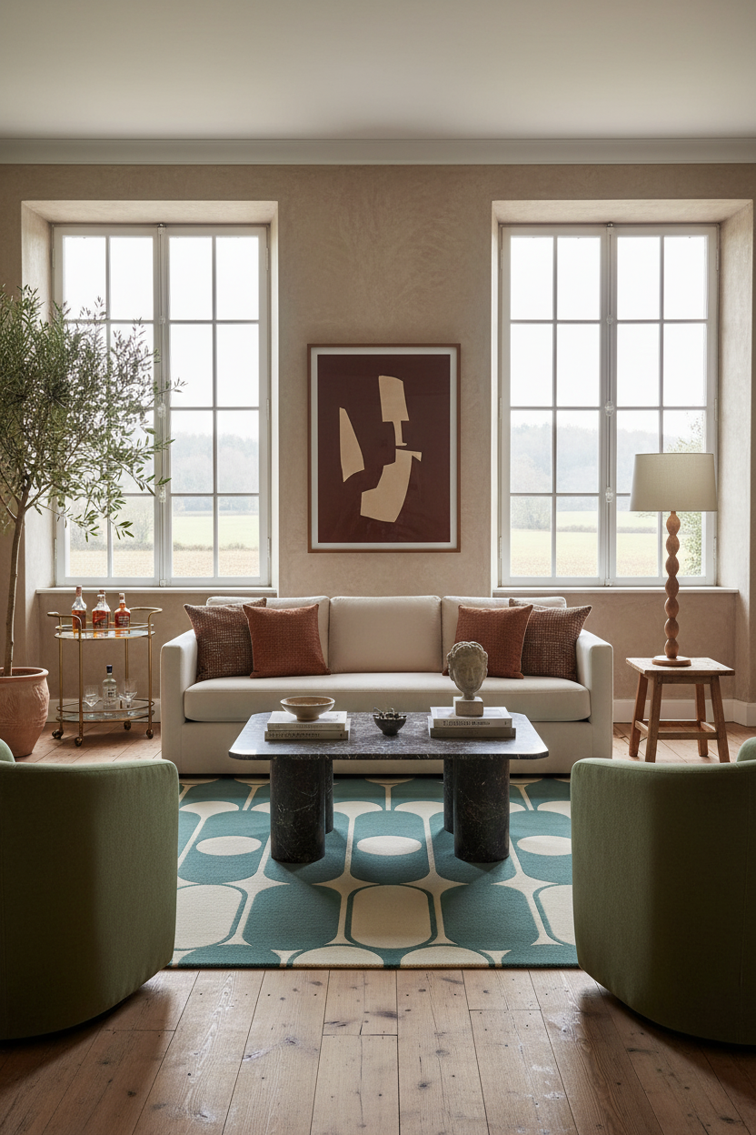 Modern living room with a beige sofa, green armchairs, green geometric rug, and abstract art on the wall.