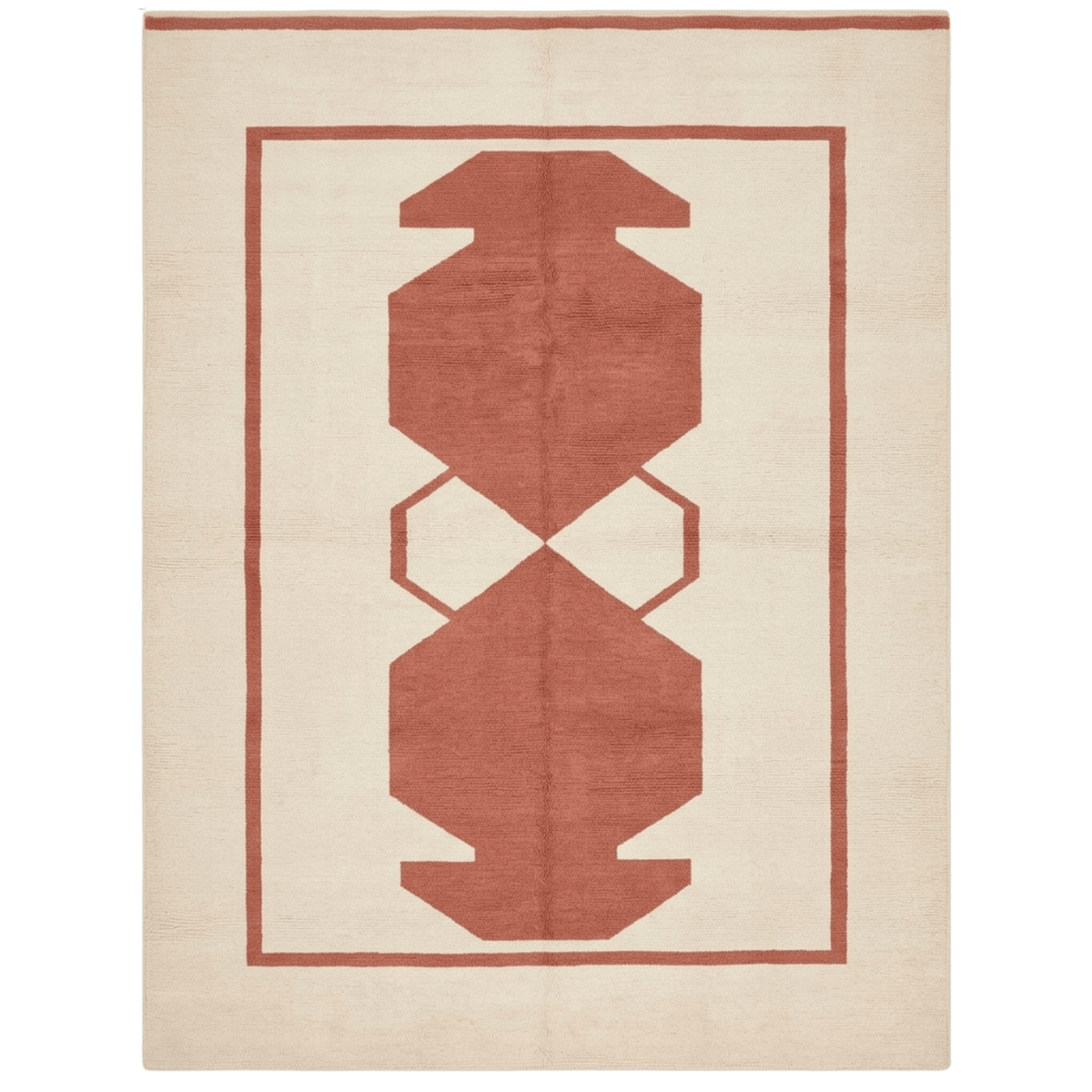 Rust-colored geometric pattern on a beige rug