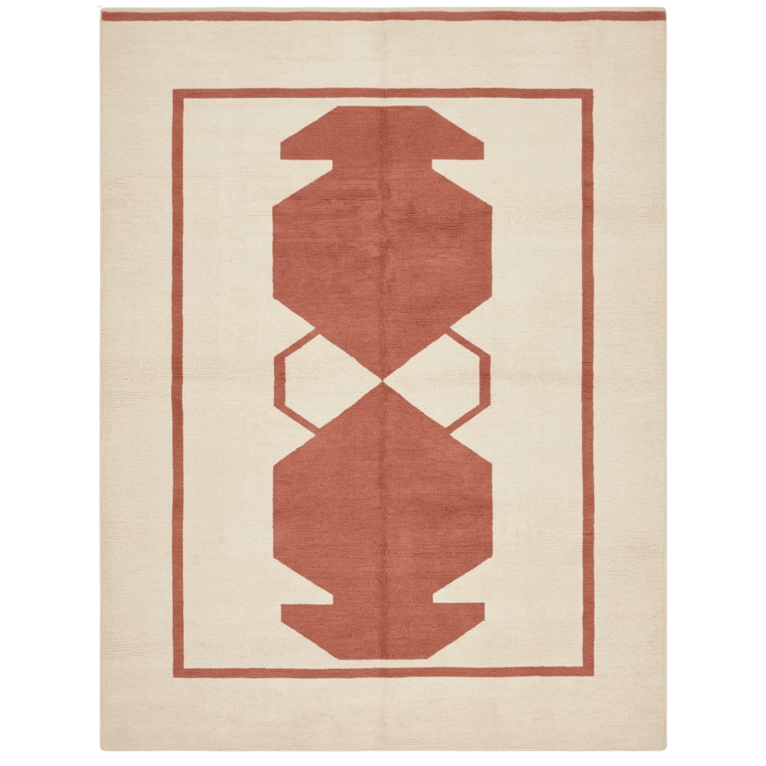 Rust-colored geometric pattern on a beige rug