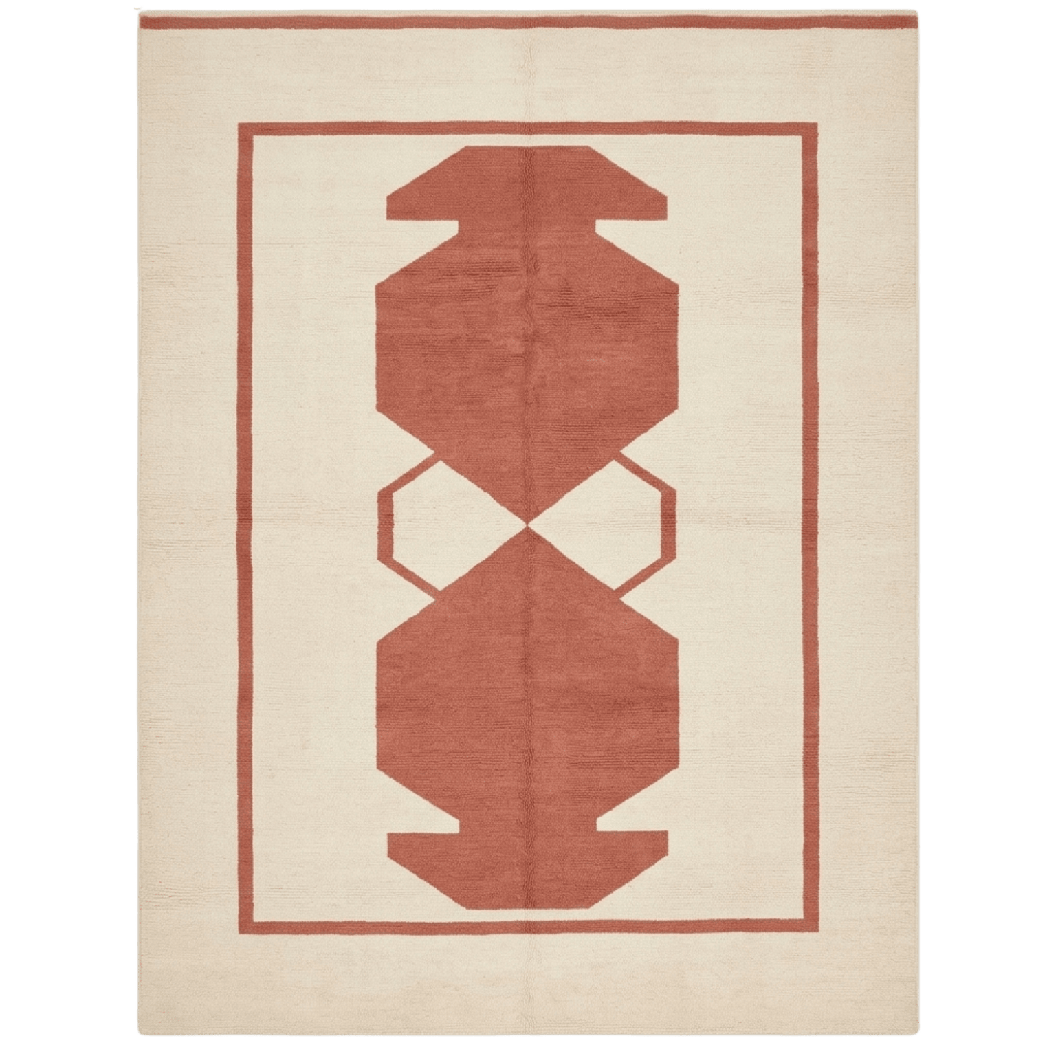 Rust-colored geometric pattern on a beige rug