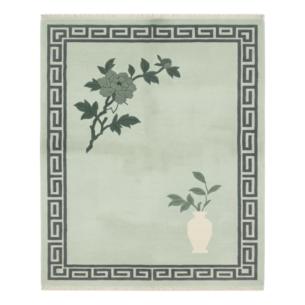 Celadon Peony Vase Hand Knotted Rug