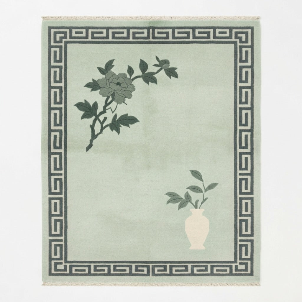 Celadon Peony Vase Hand Knotted Rug - studio photo