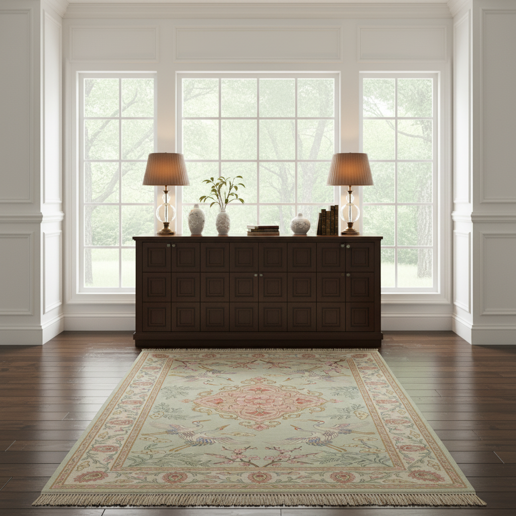 A traditional area rug with a floral medallion pattern in beige, pink, and blue, styled on a dark wood floor in a bright, classic room with a dark wood credenza and lamps.