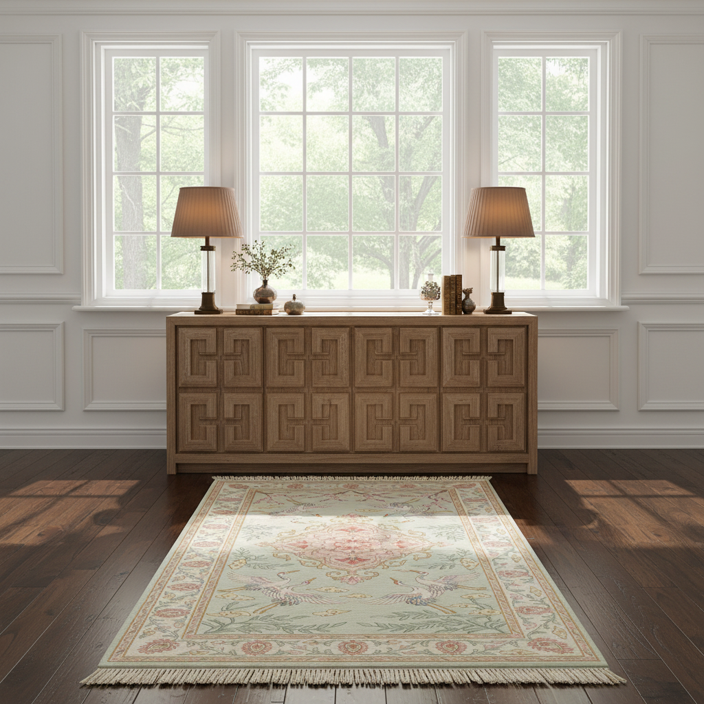 A traditional-style area rug with a floral medallion and fringe, styled on a dark wood floor in front of a carved wooden sideboard with two lit table lamps.