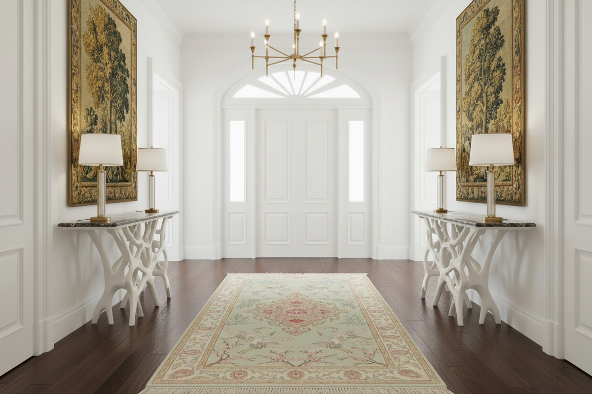 Elegant interior with white walls, a chandelier, and decorative rugs.