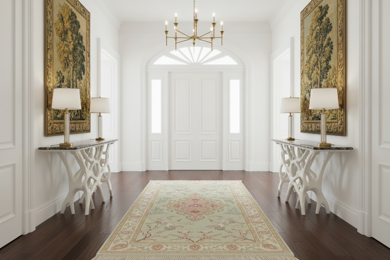 Elegant interior with white walls, a chandelier, and decorative rugs.