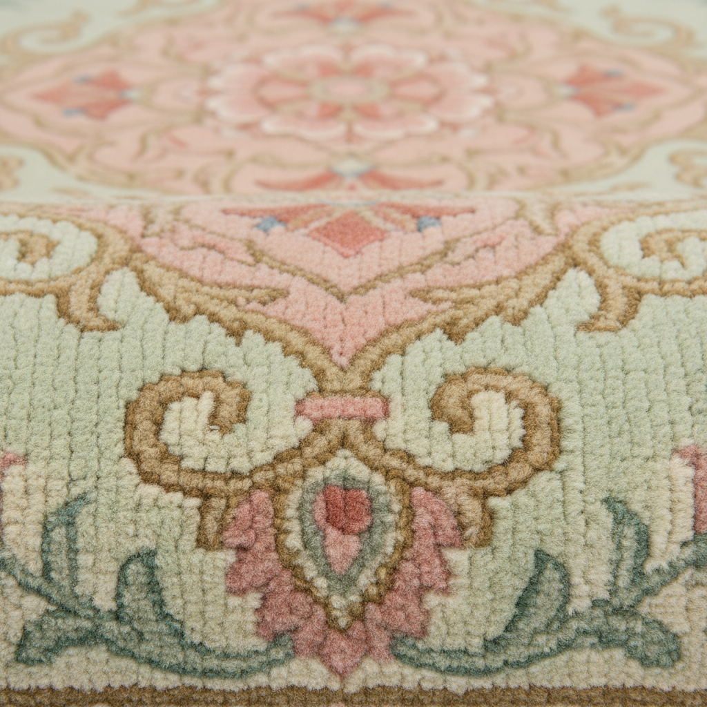 Close-up of a plush area rug with an ornate traditional pattern in soft pink, beige, sage green, and cream.