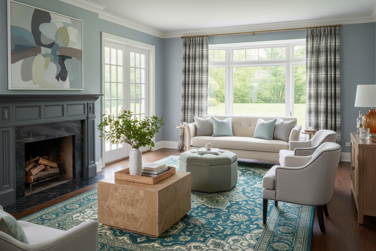 Living room with green rug, gray sofa, armchairs, and a fireplace.