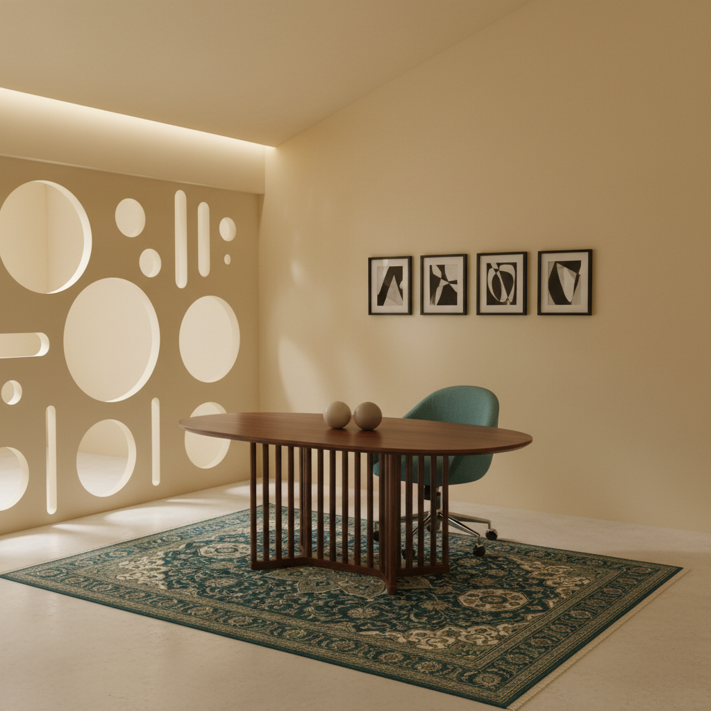 A modern home office setup featuring a dark wood oval desk on a teal and beige patterned rug, paired with a teal office chair. The room has warm beige walls with a decorative circular cutout screen on the left, four framed abstract prints on the wall, and warm ambient lighting.