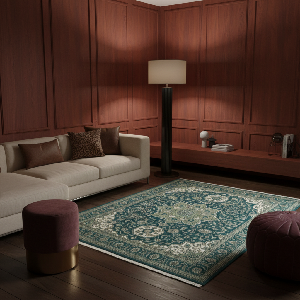 A rectangular area rug with an intricate teal, green, and cream floral pattern is styled in a modern living room with dark wood-paneled walls, a cream sofa, and two velvet ottomans.